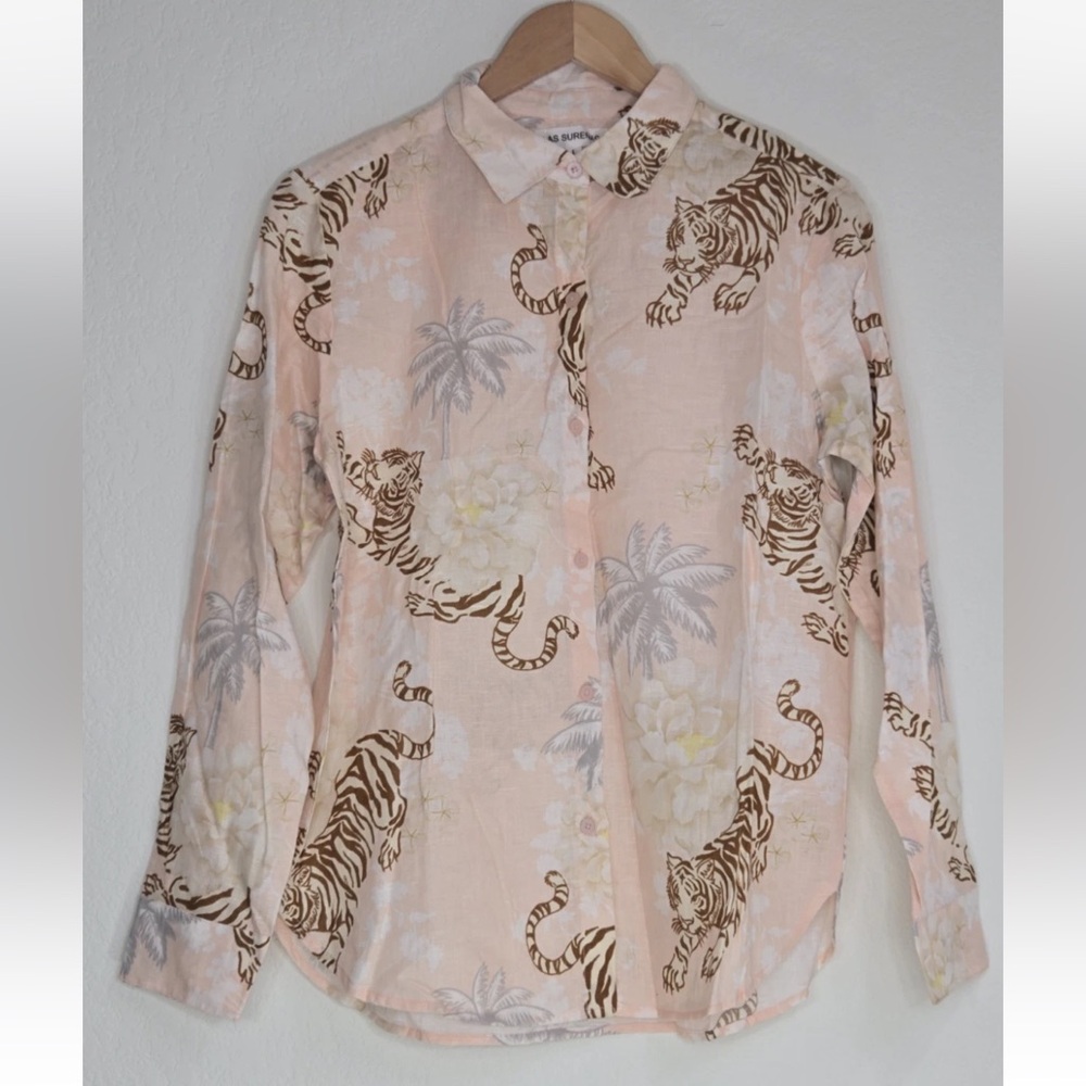Las Surenas Romantic Tiger Linen Blend Button Up Floral Pink Size L NEW